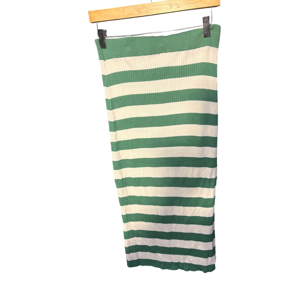 Daily Practice Anthropologie Green White Striped Zip Front Ribbed Midi Skirt M - Picture 3 of 5